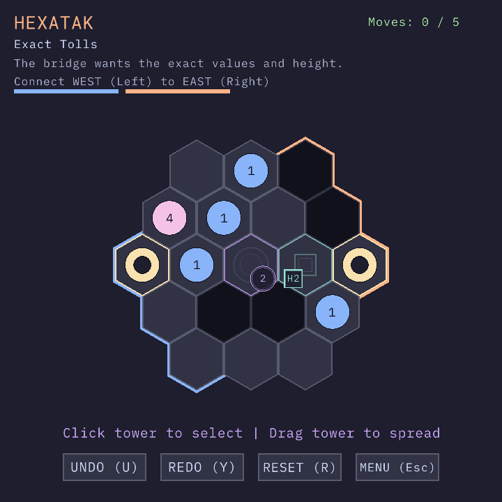 Hexatak gameplay showing stacked stones on a hex grid