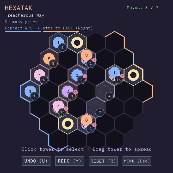 Hexatak gameplay with bridge routing and gates