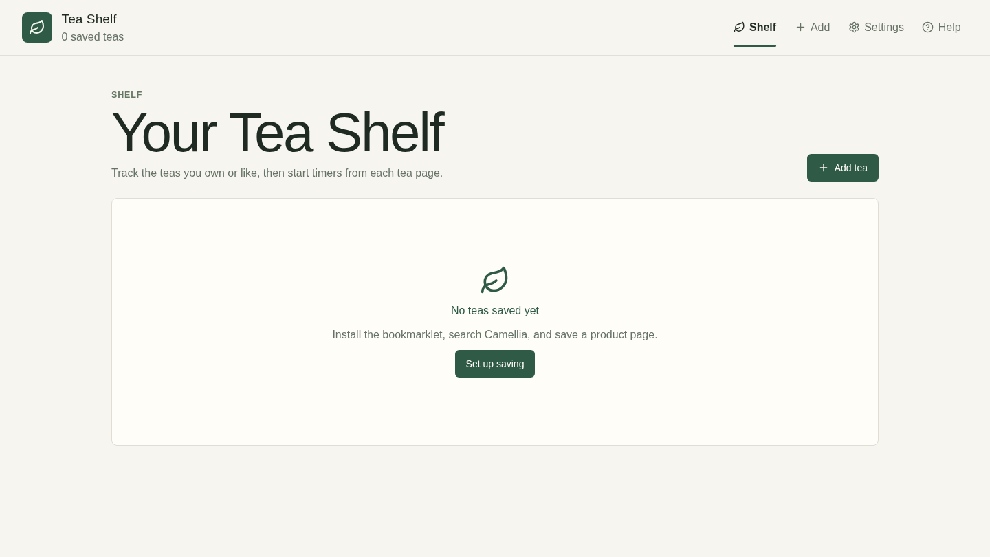Tea Shelf showing an empty collection ready for its first saved tea